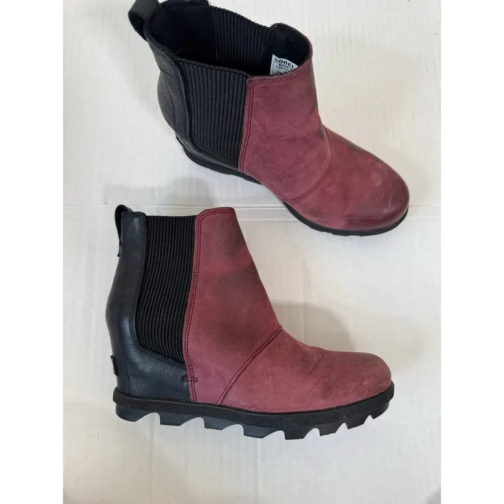 SOREL Leather Wedge Bootie Women 7.5 Red Black Hidden Heeled Joan of Arctic Boot